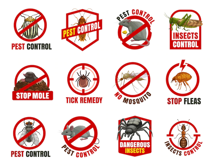 ongediertebestrijding pictogrammen coloradokever kakkerlak en rat met sprinkhaan mol teek en mug met vlo vlieg muis en spin met verbod op mierencartoon waarschuwen gevaarlijke insecten